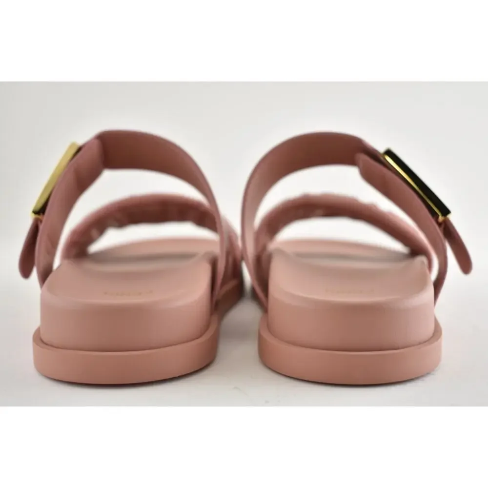 Fendi Feel Slide Pink Brick Leather FF Baguette Logo Gold Mule Flat Sandal 37
